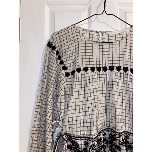 Zara Trafaluc Blouse Grid White Black Embroidered Side Tie Top Size Medium Fall - Picture 3 of 8